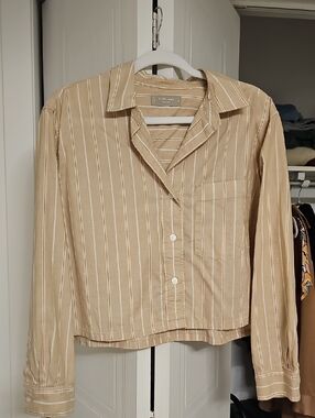 Everlane Beige & White Striped Button-Up
